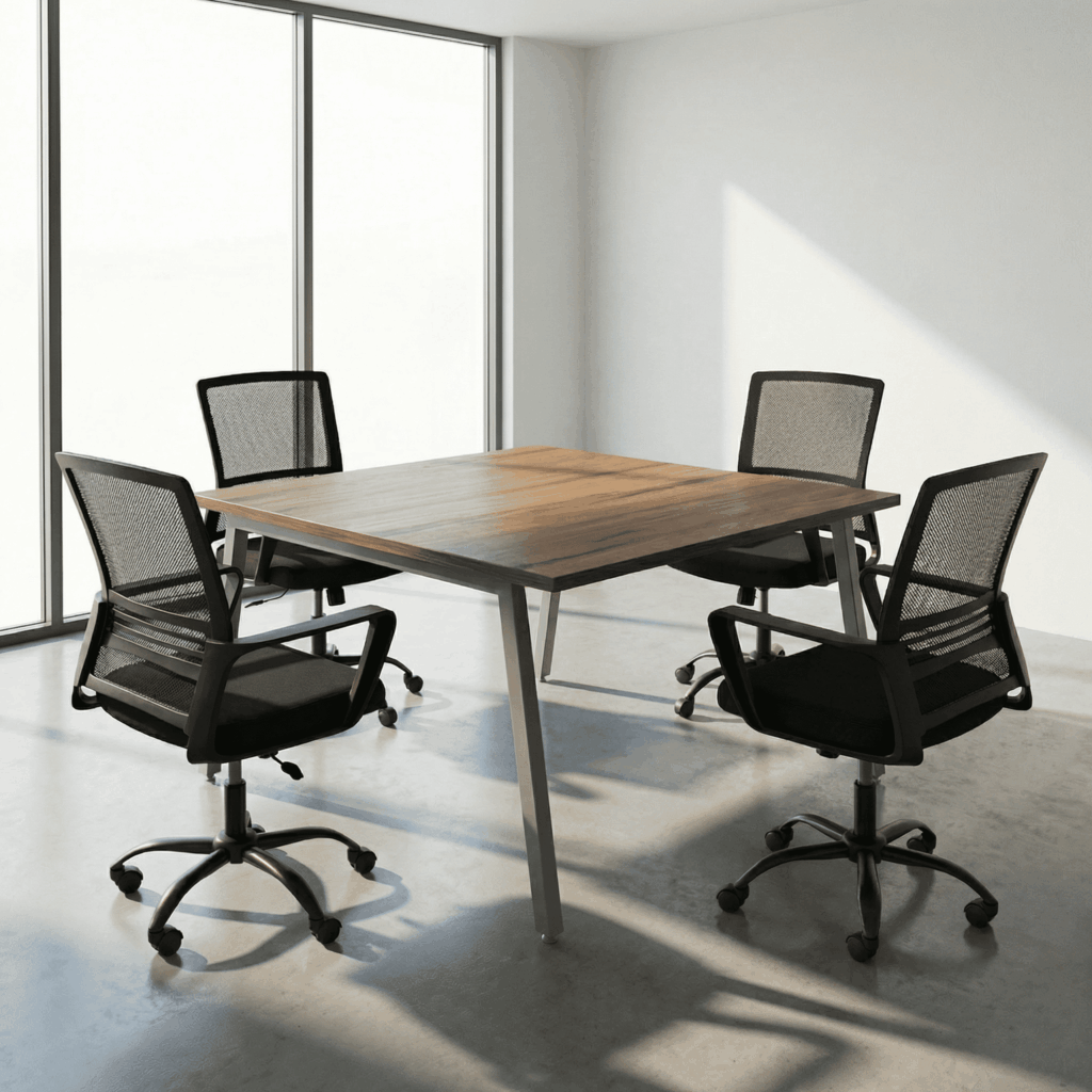 Set de mesa de juntas Alef 120 con 4 sillas Semiejecutivas en melamina Olmo Sabi.