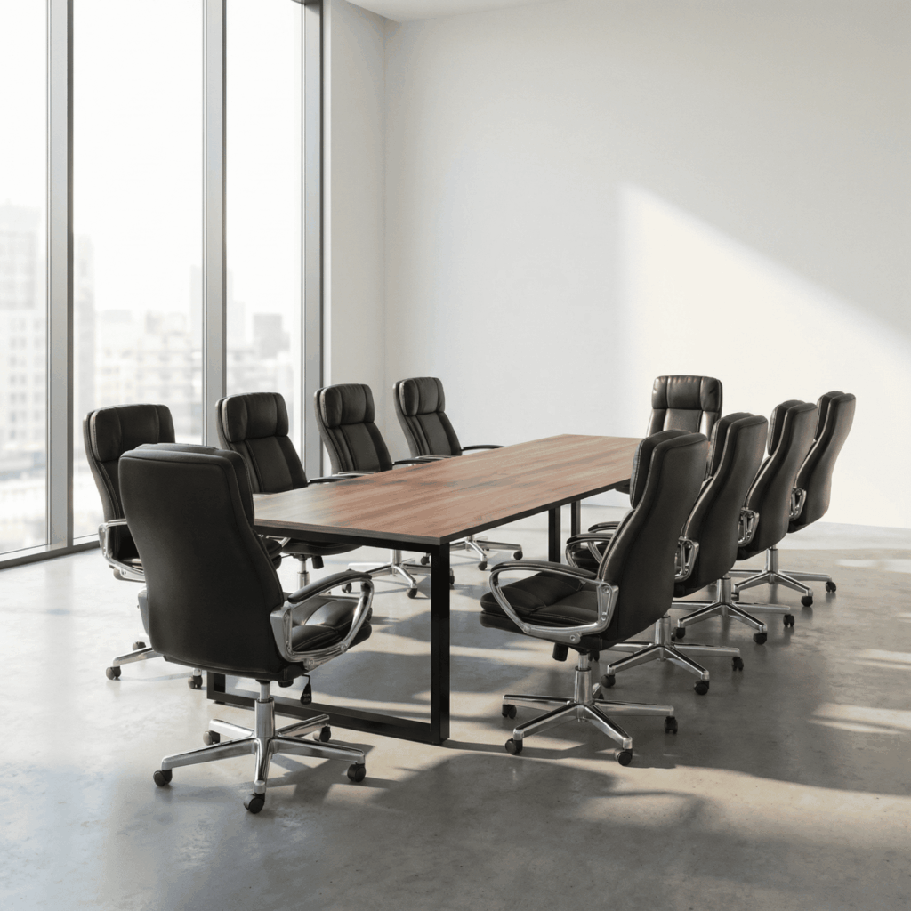 Set de mesa de juntas Gimel 360 con 10 sillas Ejecutivas de Lujo en melamina Nogal Valentina.